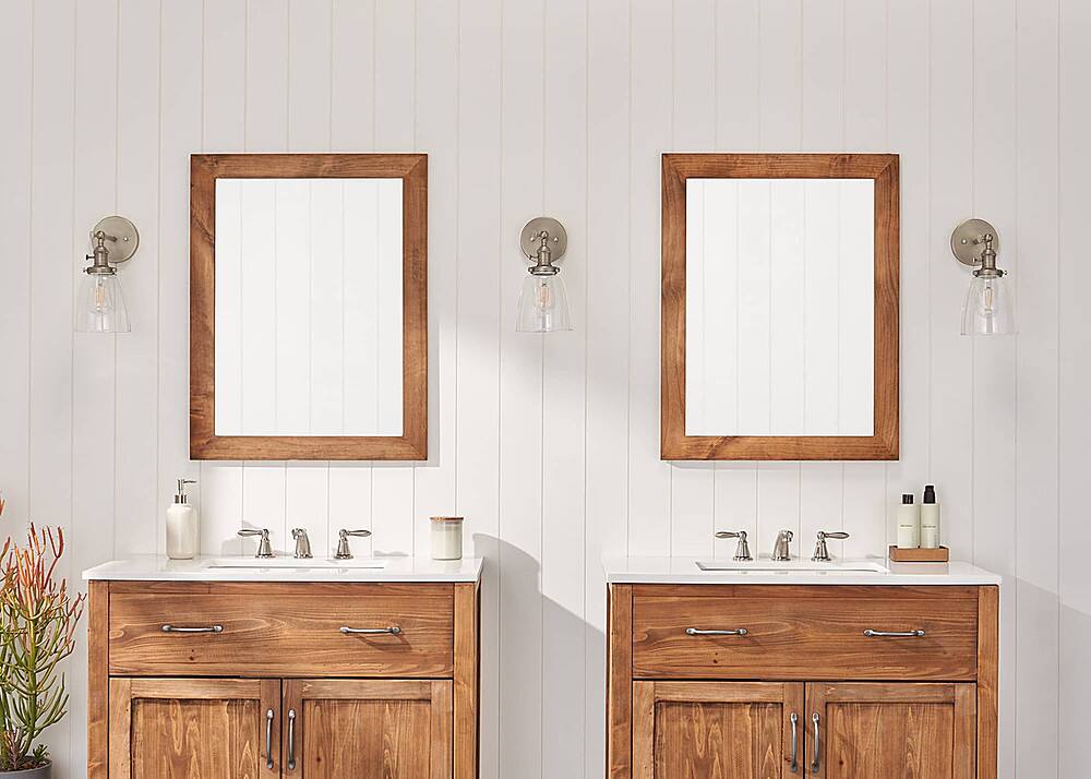 Left. TRINITY - DRAKESTONE | 24x31 Farmhouse Vanity Mirror | 2-Pack | Walnut - Walnut.