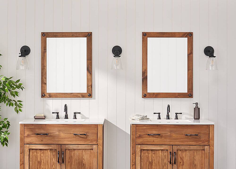 Left. TRINITY - DRAKESTONE | 24x31 Farmhouse Vanity Mirror w/ Clavos | 2-Pack | Walnut - Walnut.