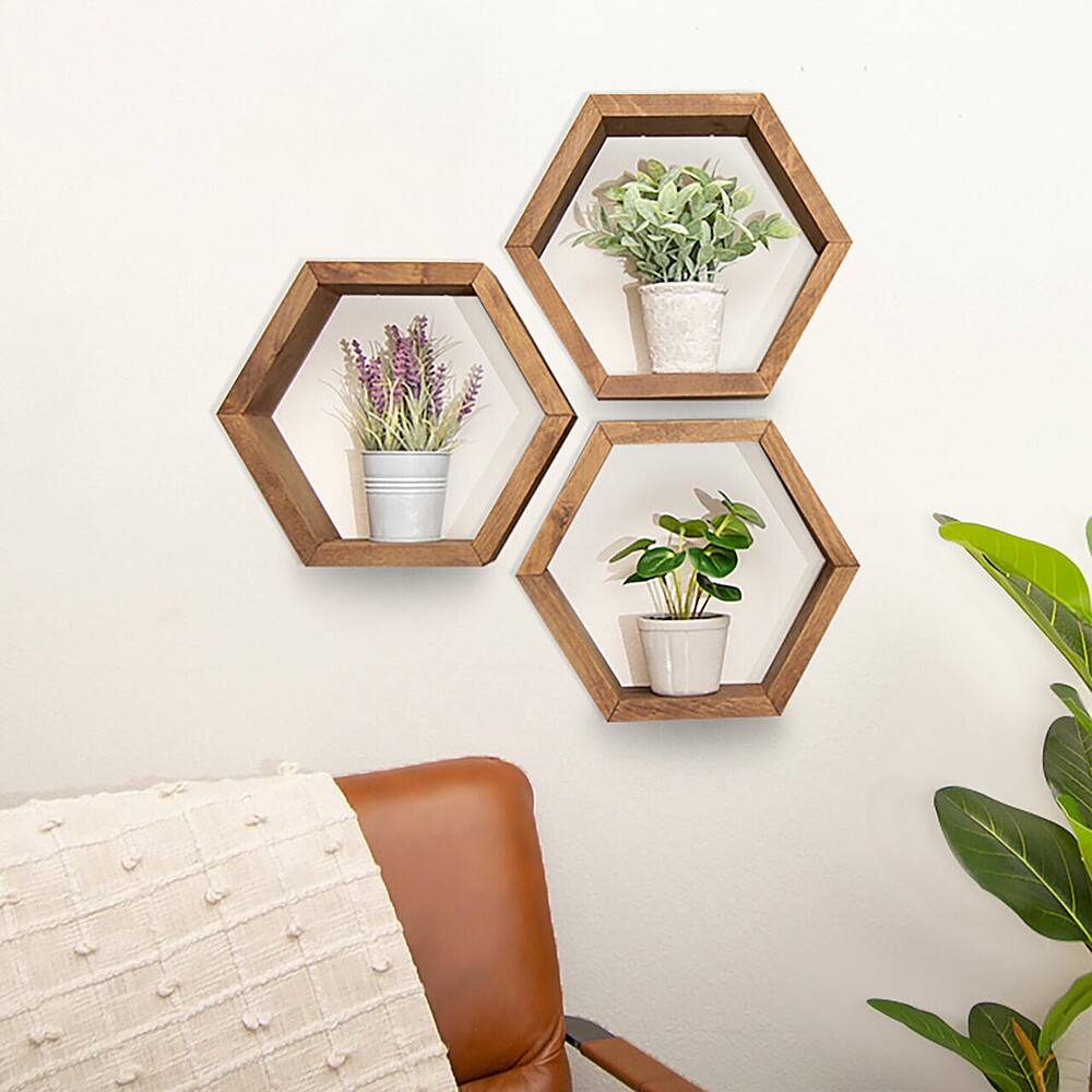 Angle. TRINITY - DRAKESTONE | Hexagon Shelves | 3-Pack | Walnut - Walnut.