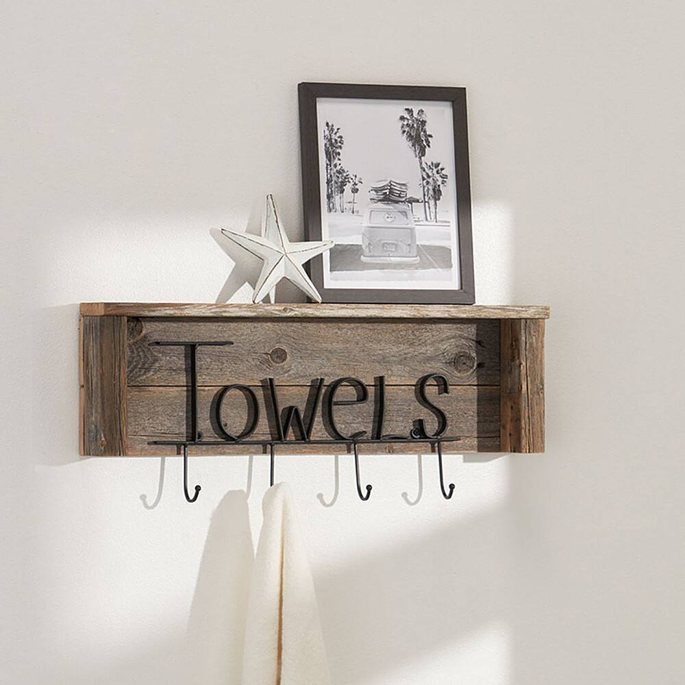 Angle. TRINITY - DRAKESTONE | Towel Rack w/ Hooks and Shelf | Natural - Natural.