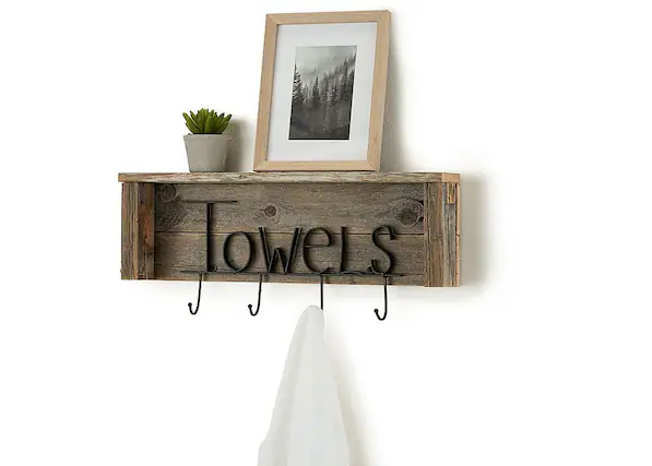 Front. TRINITY - DRAKESTONE | Towel Rack w/ Hooks and Shelf | Natural - Natural.