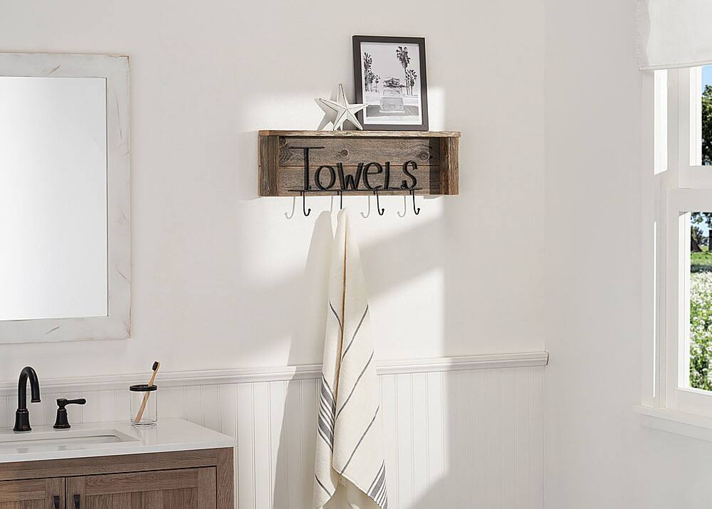 Left. TRINITY - DRAKESTONE | Towel Rack w/ Hooks and Shelf | Natural - Natural.