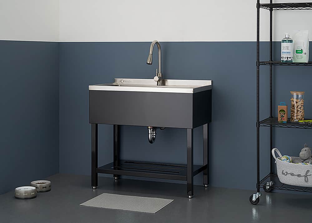 Angle. TRINITY - TRINITY | 30x14x11.5 Basin | Stainless Steel Utility Sink | NSF | w/ Pull-Out Faucet | Black - Black.
