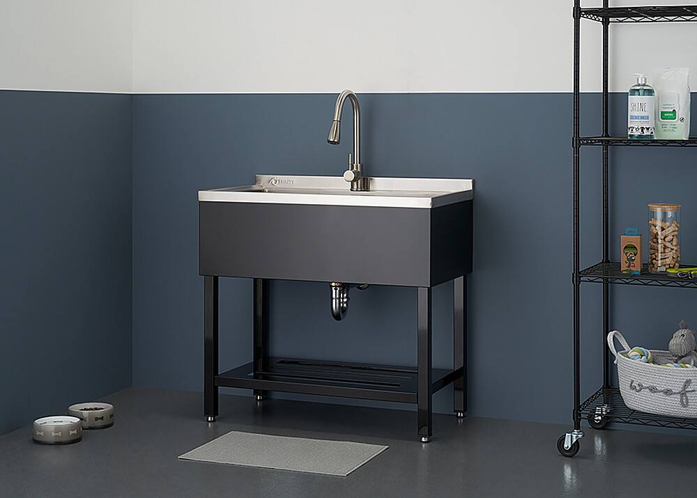 Angle. TRINITY - TRINITY | 30x14x11.5 Basin | Stainless Steel Utility Sink | NSF | w/ Pull-Out Faucet | Black - Black.
