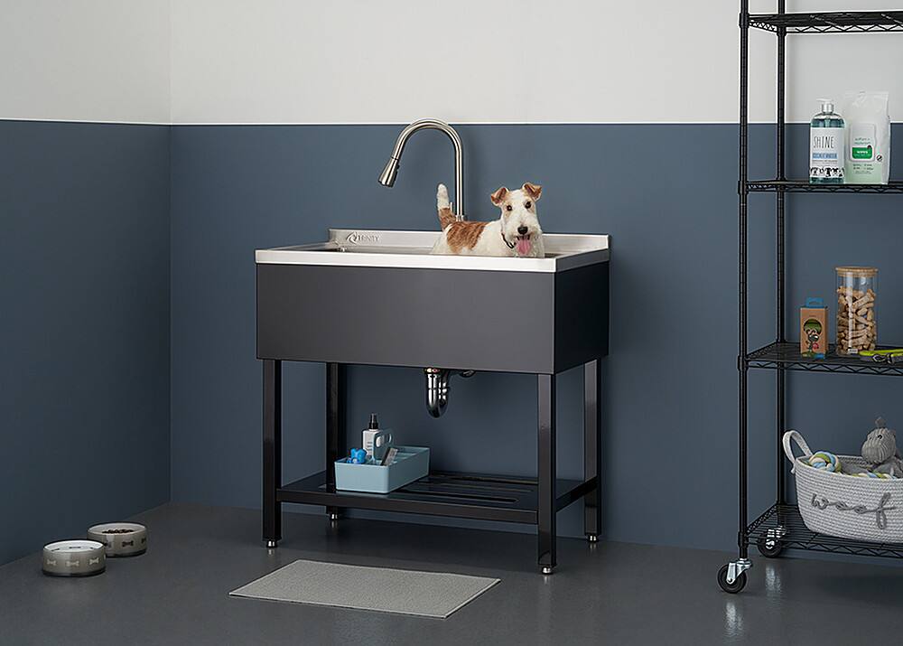 Left. TRINITY - TRINITY | 30x14x11.5 Basin | Stainless Steel Utility Sink | NSF | w/ Pull-Out Faucet | Black - Black.
