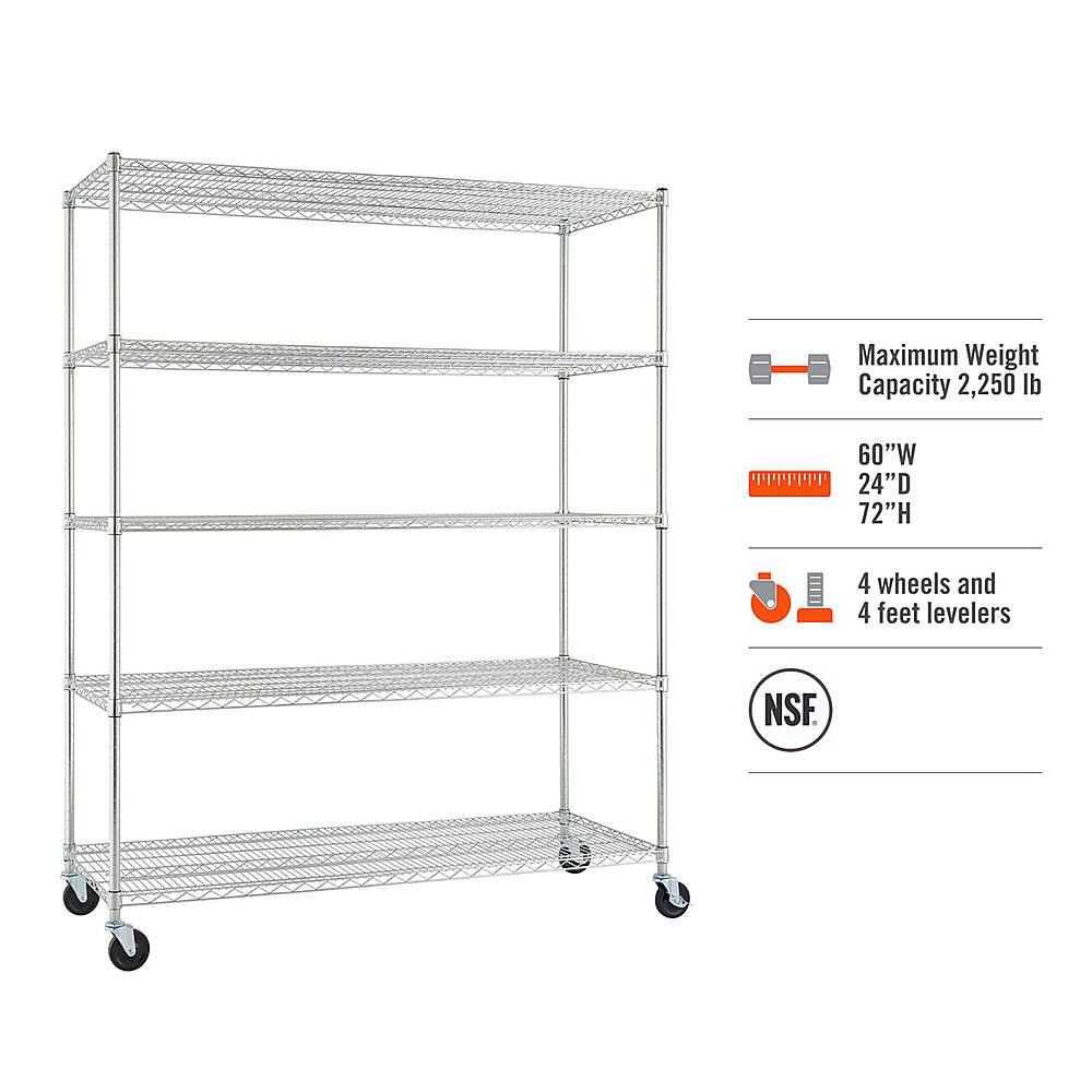 Angle. TRINITY - TRINITY BASICS® EcoStorage® 5-Tier | 60x24x72 | Wire Shelving | NSF | w/ Wheels | Chrome - Chrome.