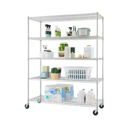 Front. TRINITY - TRINITY BASICS® EcoStorage® 5-Tier | 60x24x72 | Wire Shelving | NSF | w/ Wheels | Chrome - Chrome.