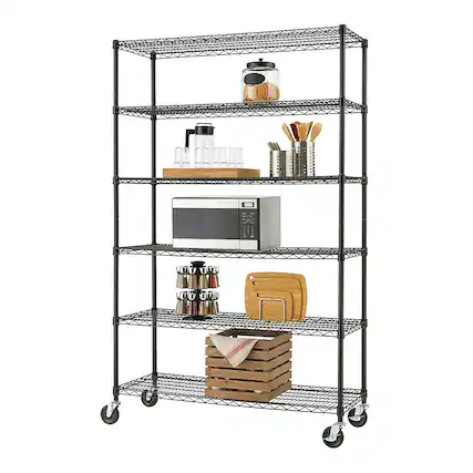 Front. TRINITY - TRINITY BASICS® 6-Tier | 48x18x72 | Wire Shelving | NSF | w/ Wheels | Black - Black.
