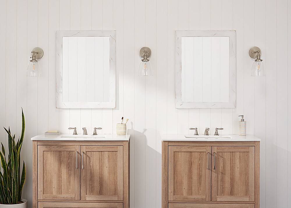 Left. TRINITY - DRAKESTONE | 24x31 Farmhouse Vanity Mirror | 2-Pack | White Wash - White Wash.