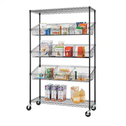Front. TRINITY - TRINITY 5-Tier | 48x18x72 | Commercial Wire Shelving | NSF | w/ Baskets & Dividers | Black - Black.