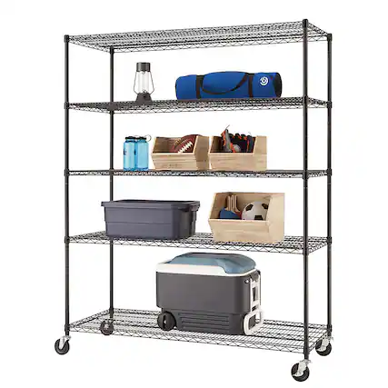 Front. TRINITY - TRINITY BASICS® 5-Tier |60x24x72| Wire Shelving | NSF | w/ Wheels | Black - Black.
