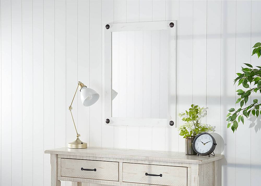 Left. TRINITY - DRAKESTONE | 24x31 Farmhouse Vanity Mirror w/ Clavos | White Wash - White Wash.