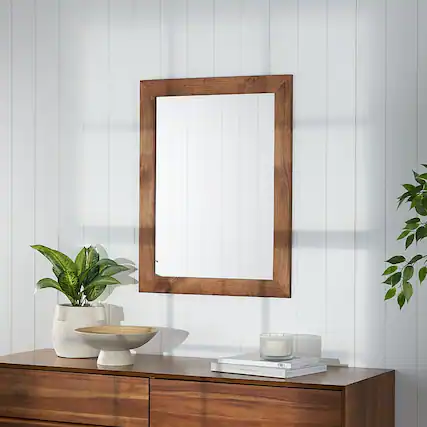 Angle. TRINITY - DRAKESTONE | 24x31 Farmhouse Vanity Mirror | Walnut - Walnut.