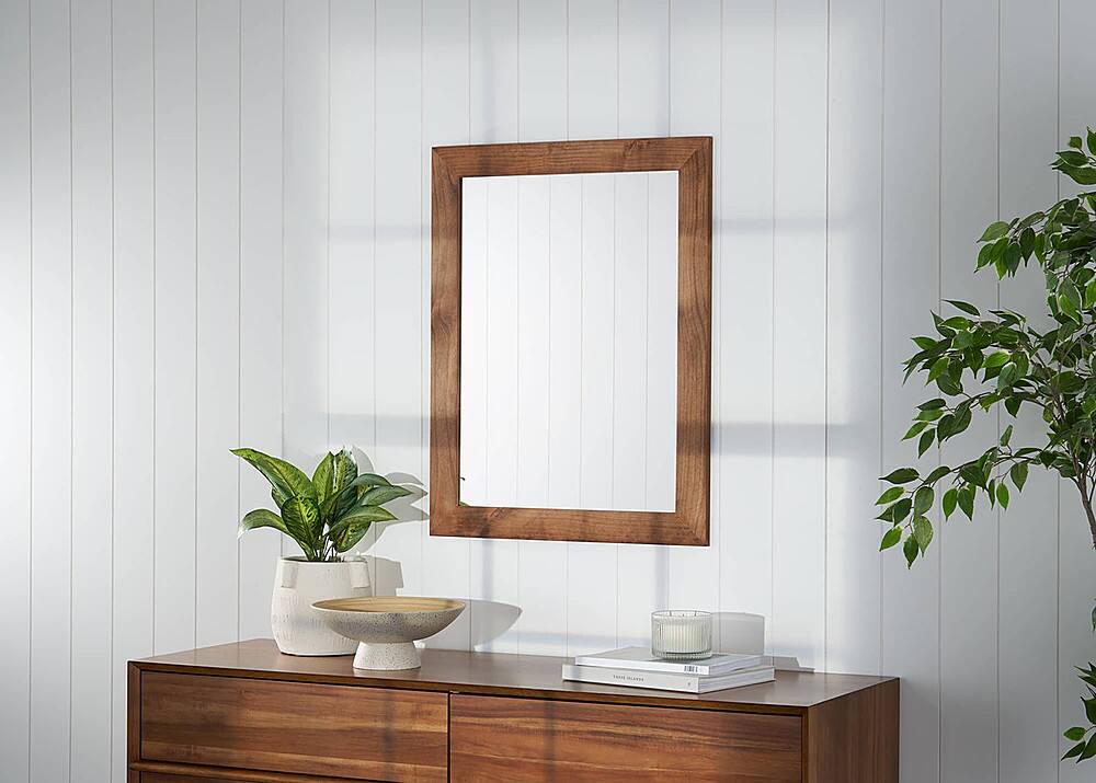 Left. TRINITY - DRAKESTONE | 24x31 Farmhouse Vanity Mirror | Walnut - Walnut.