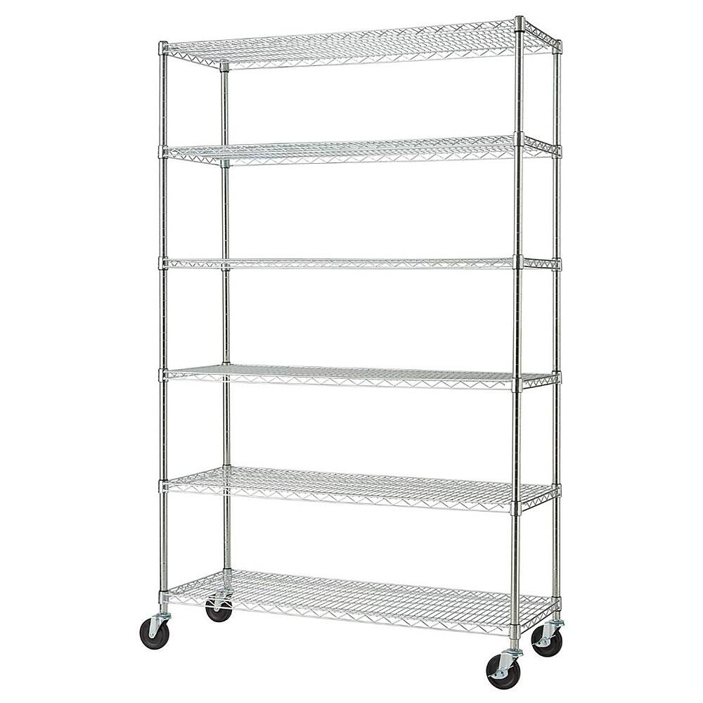 Angle. TRINITY - TRINITY BASICS® EcoStorage® 6-Tier | 48x18x72 | Wire Shelving | NSF | w/ Wheels | Chrome - Chrome.