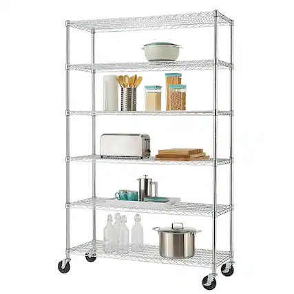 Front. TRINITY - TRINITY BASICS® EcoStorage® 6-Tier | 48x18x72 | Wire Shelving | NSF | w/ Wheels | Chrome - Chrome.