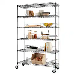 TRINITY - 6-Tier 48x18x72 Commercial Wire Shelving NSF w/ Backstands & Wheels Black - Black