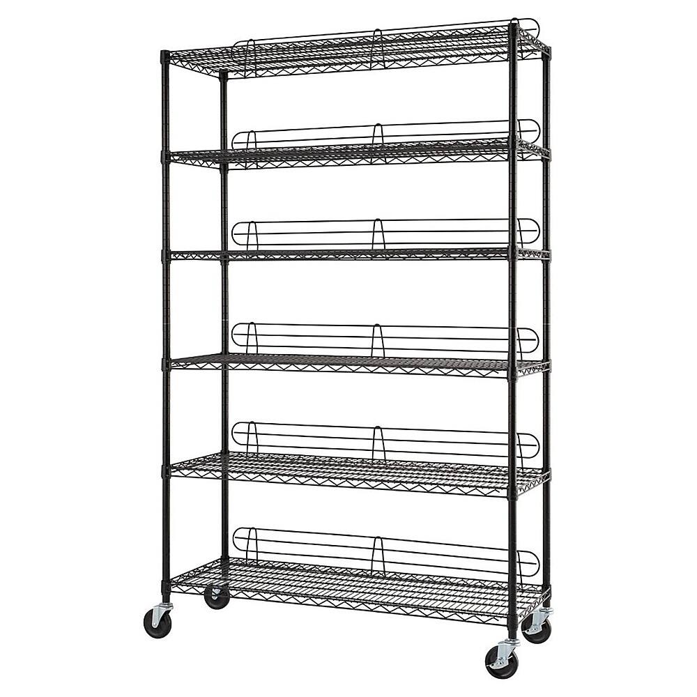 Left. TRINITY - TRINITY 6-Tier | 48x18x72 | Commercial Wire Shelving | NSF | w/ Backstands & Wheels | Black - Black.