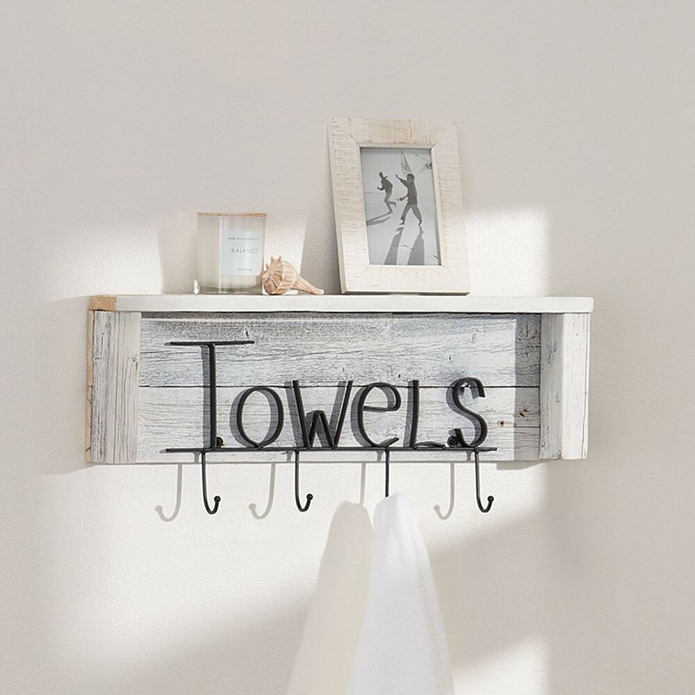 Angle. TRINITY - DRAKESTONE | Towel Rack w/ Hooks and Shelf | White Wash - White Wash.