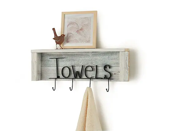 Front. TRINITY - DRAKESTONE | Towel Rack w/ Hooks and Shelf | White Wash - White Wash.