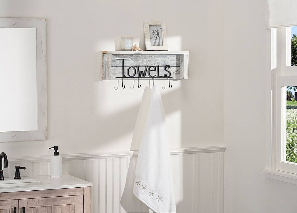 Left. TRINITY - DRAKESTONE | Towel Rack w/ Hooks and Shelf | White Wash - White Wash.