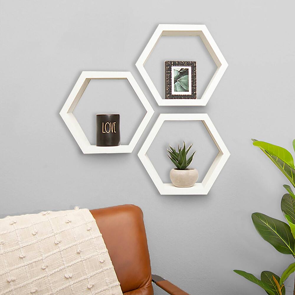 Angle. TRINITY - DRAKESTONE | Hexagon Shelves | 3-Pack | White - White.