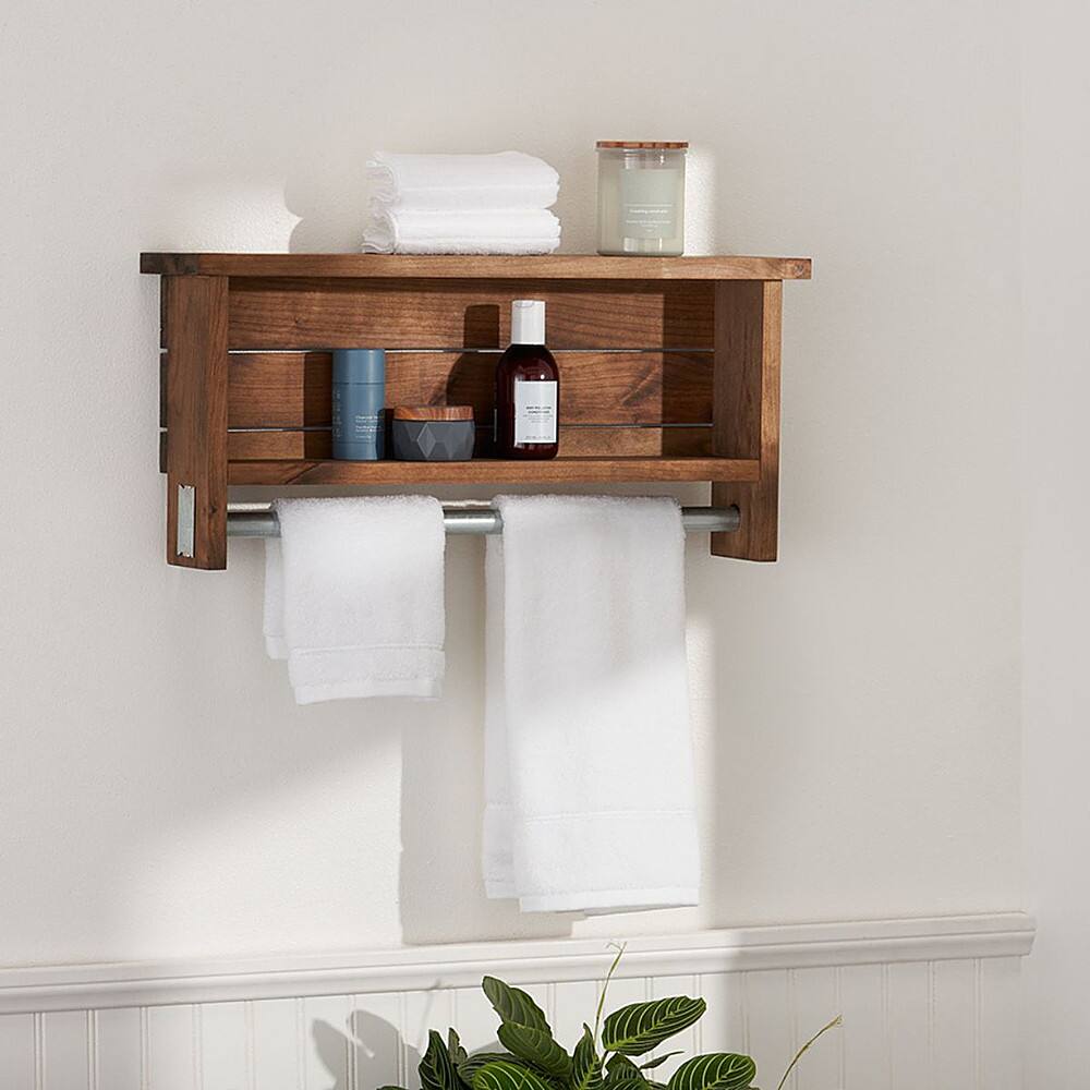 Angle. TRINITY - DRAKESTONE | Towel Bar w/ Shelves | Walnut - Walnut.