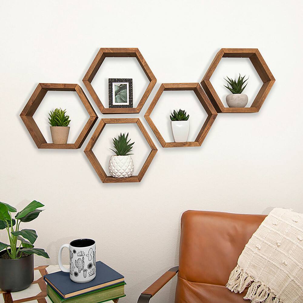 Angle. TRINITY - DRAKESTONE | Hexagon Shelves | 5-Pack | Walnut - Walnut.
