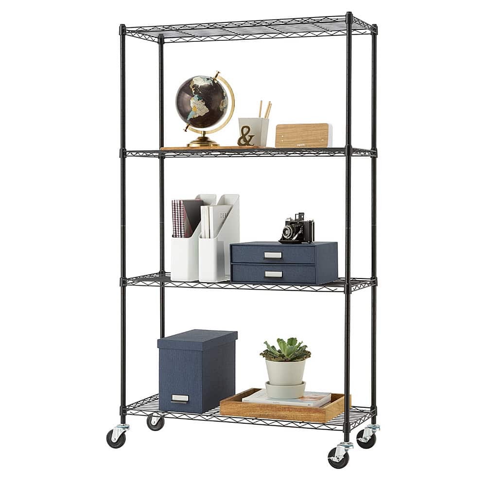 Front. TRINITY - TRINITY BASICS® 4-Tier | 36x14x60 | Wire Shelving | NSF | w/ Wheels | Black - Black.