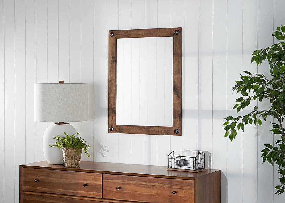 Left. TRINITY - DRAKESTONE | 24x31 Farmhouse Vanity Mirror w/ Clavos | Walnut - Walnut.