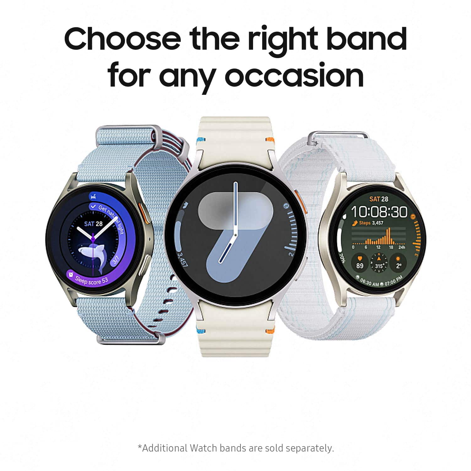 Choose the right band for any occasion. Get Patu SAT 28 light 3/7 D Sleep score 53 3 457 2 SAT 28 10:08:30 Steps 3,457 a 4 12 T8 24h . MDE A 89 315 2 06:35 PM AM . 07:00. *Additional watch bands are sold separately.