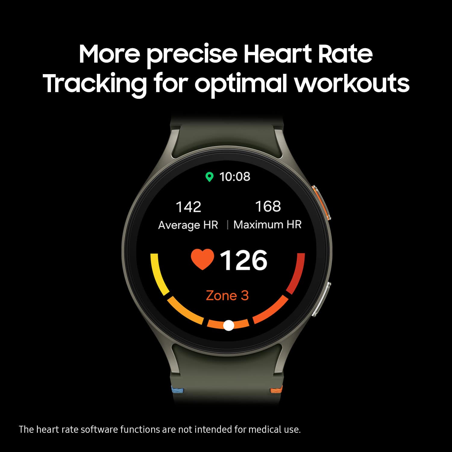 The image features a watch with a heart rate monitor, which provides more precise heart rate tracking for optimal workouts. The watch displays the average heart rate and maximum heart rate, as well as the current zone, which is 3. The heart rate software functions are not intended for medical use.