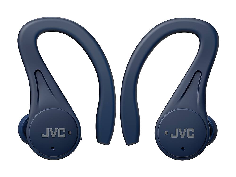 The image features a pair of blue JVC headphones, which are designed to be worn over the head. The headphones have a sleek, modern appearance and are likely intended for use with electronic devices such as smartphones, tablets, or laptops. The JVC brand is well-known for its audio products, and these headphones are likely to provide high-quality sound for the user.