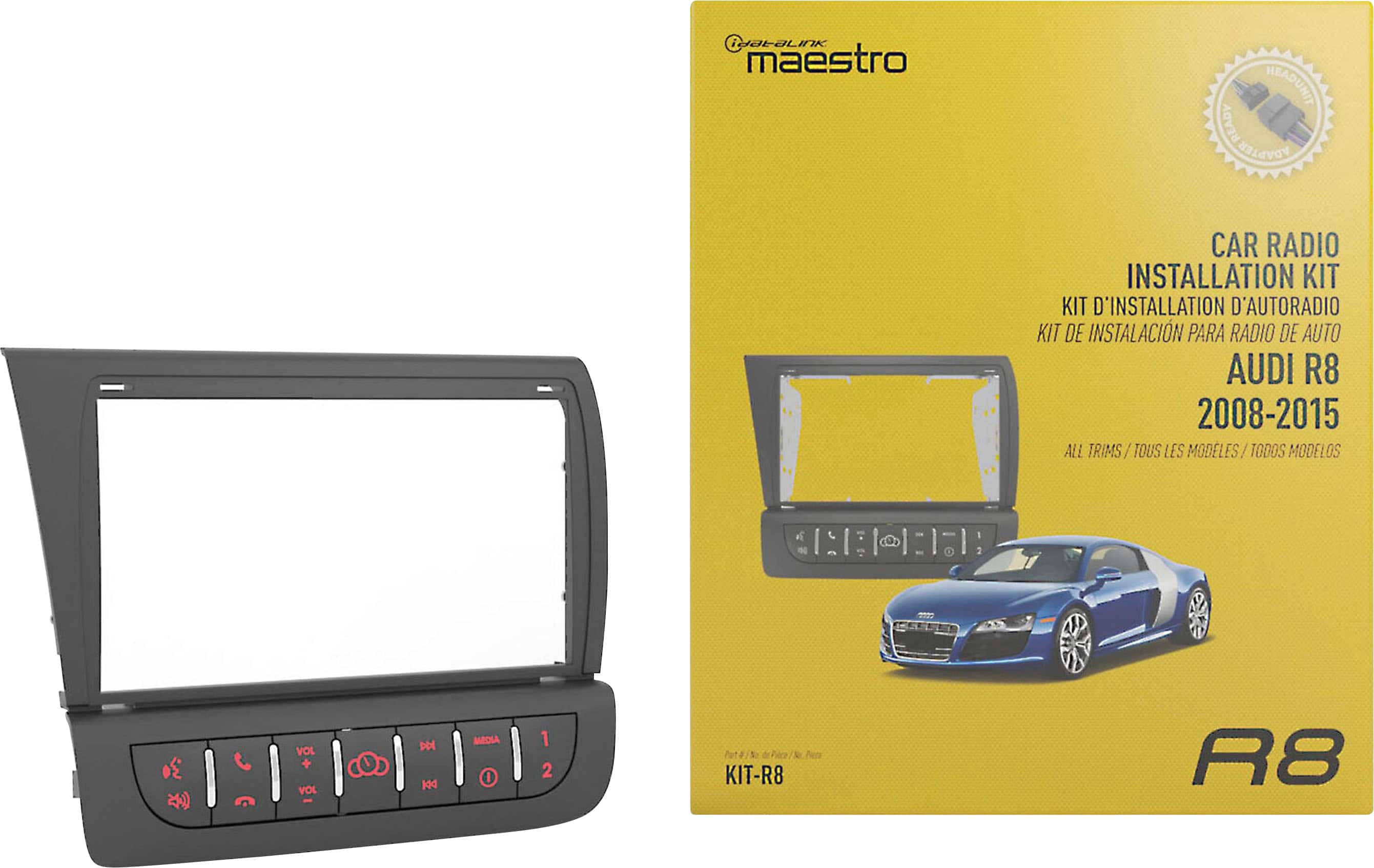 The image features a car radio installation kit for an Audi R8 vehicle from 2008-2015. The kit includes a head unit and a car radio, as well as an installation manual. The kit is designed to fit all trims and models of the Audi R8, and it is suitable for use in various countries. The installation kit is available in a yellow box, which provides a clear and visible presentation of the product.