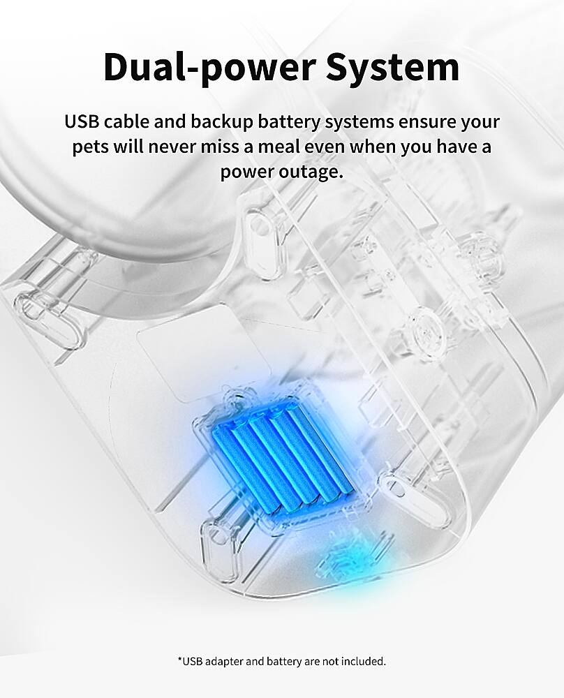 Dual-power System: USB cable and backup battery systems ensure your pets will never miss a meal even when you have a power outage. *USB adapter and battery are not included.