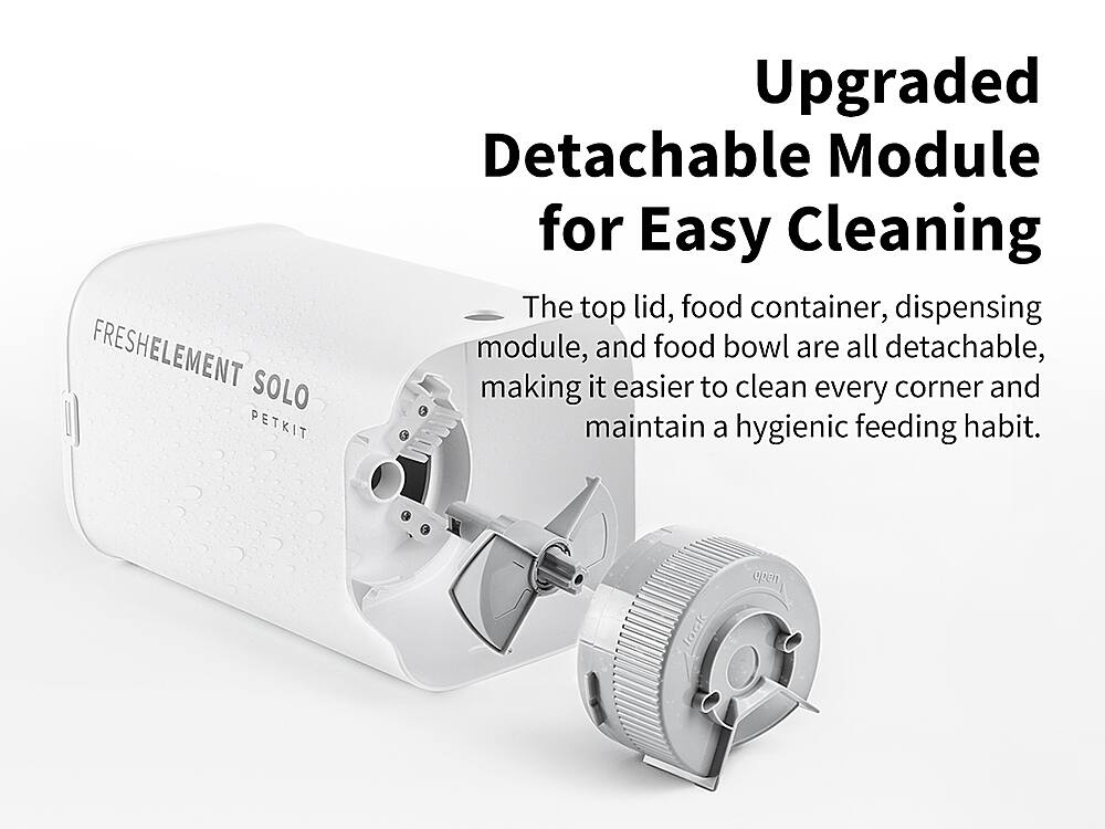 FreshElement Solo PetKit Upgraded Detachable Module for Easy Cleaning: The top lid, food container, dispensing module, and food bowl are all detachable, making it easier to clean every corner and maintain a hygienic feeding habit.