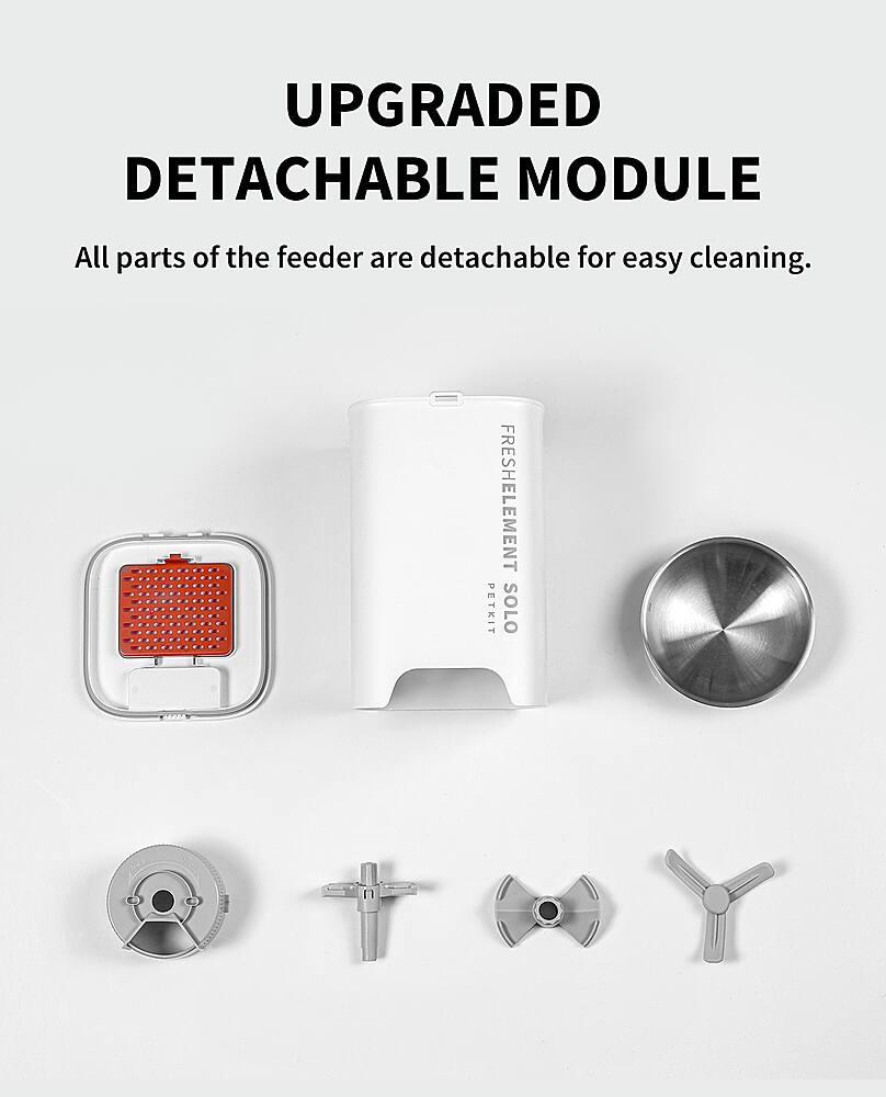 The text on the image reads: "UPGRADED DETACHABLE MODULE All parts of the feeder are detachable for easy cleaning. FRESHELEMENT PETKIT SOLO."