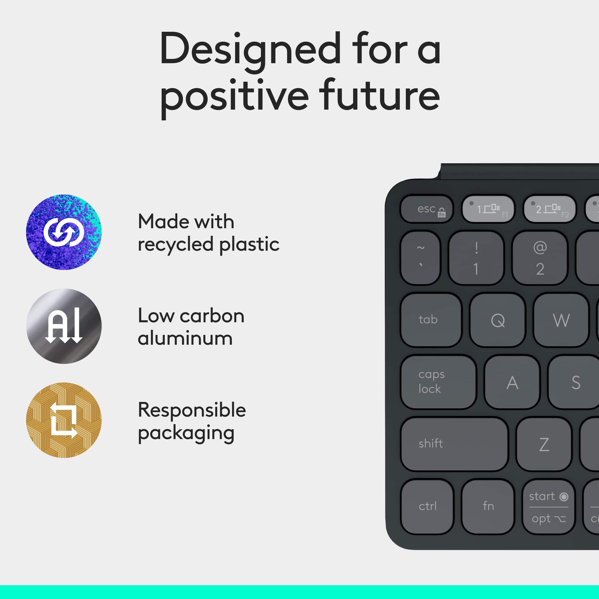 Designed for a positive future Made with recycled plastic Esc ~ 100% Low carbon aluminum tab Q W Responsible packaging caps lock shift A Z S ctrl fn start opt C