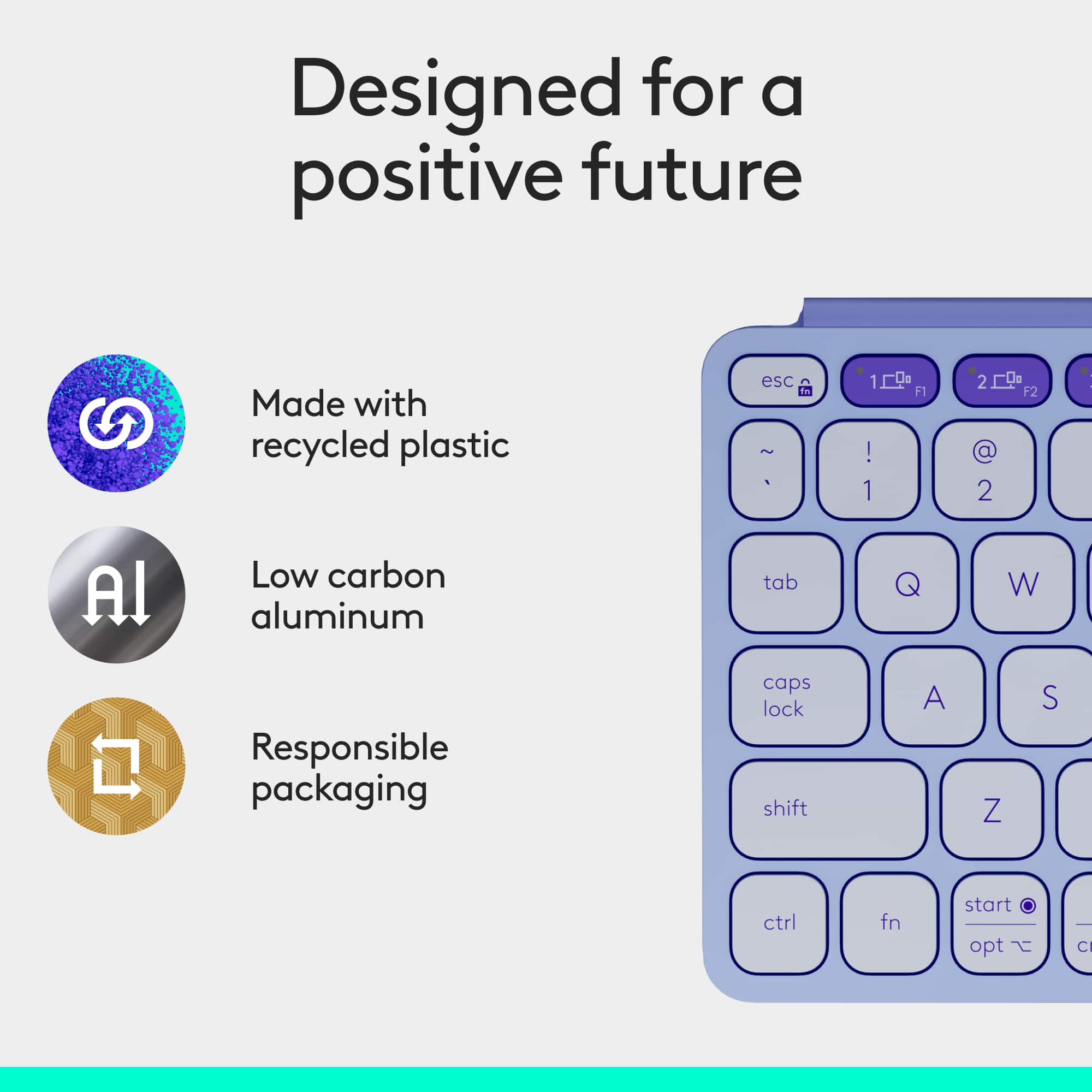 Designed for a positive future. Made with recycled plastic. Esc is 100% aluminum. Low carbon aluminum. Responsible packaging.