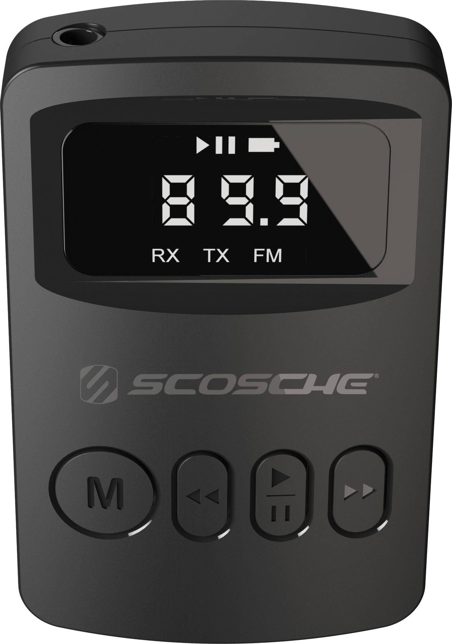 The image features a black Scosche device with a digital display showing the time and radio frequency. The device has a sleek design and is likely used for communication or entertainment purposes. The display shows the time as 8:99, and the radio frequency is 89.9. The device is likely a radio or a communication device that allows users to listen to radio stations or make calls.