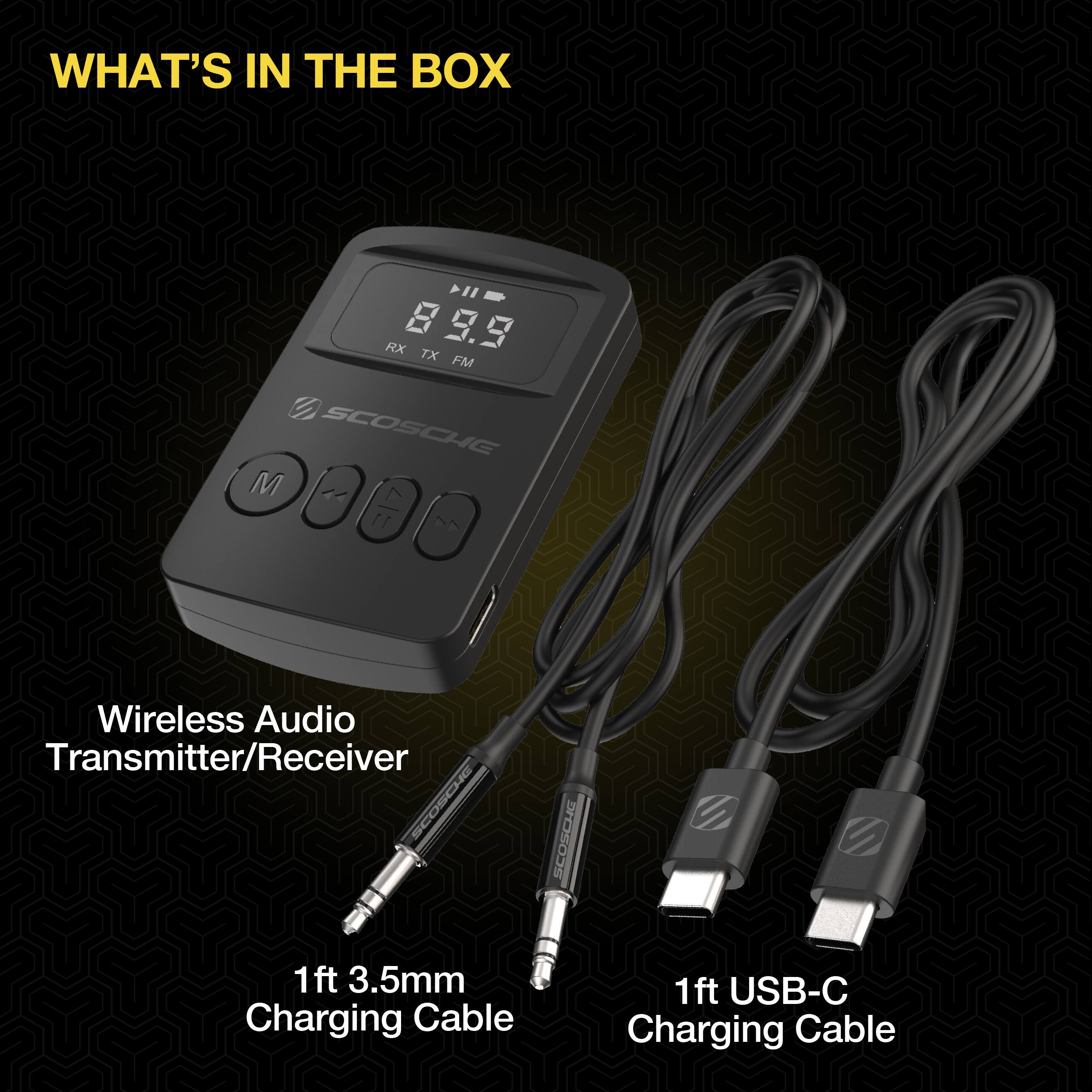 The image features a black device with a display showing the time and a frequency of 89.9. The device is accompanied by two cords, one being a charging cable and the other being a USB-C cable. The product is likely a wireless audio transmitter/receiver, as indicated by the brand name "Scosche."