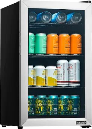 The image features a refrigerator with a large selection of beer and seltzer drinks. There are at least 12 different types of beer and seltzer drinks displayed in the refrigerator, with various colors and designs on the cans. The refrigerator is well-stocked, offering a wide variety of options for customers to choose from.
