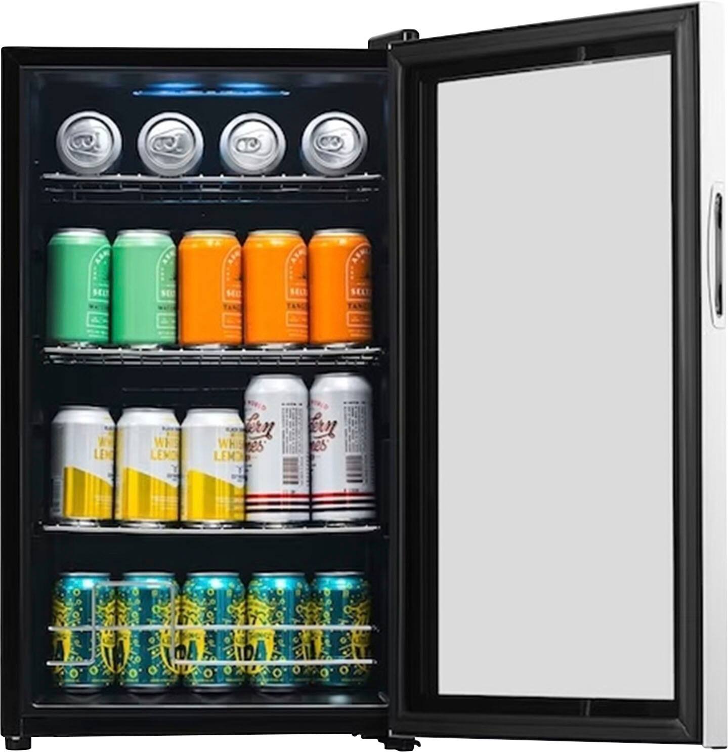 The image features a refrigerator with its door open, revealing a variety of canned beverages. There are at least 14 cans of different drinks, including both alcoholic and non-alcoholic options. The drinks are organized in a way that allows for easy access and selection. The refrigerator is filled with a diverse range of beverages, catering to various tastes and preferences.