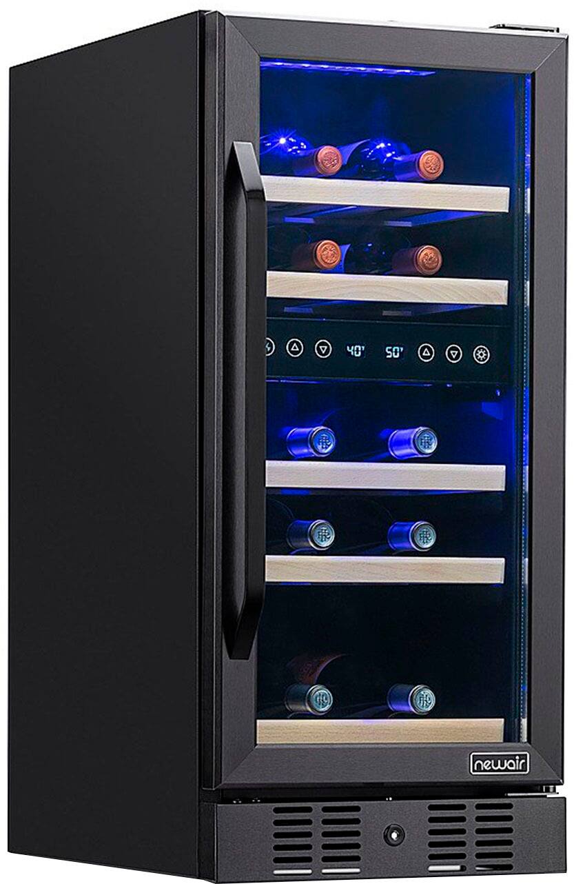 The image features a black wine refrigerator with a blue light inside. The refrigerator has a large capacity, as it can hold up to 40 bottles of wine. The wine bottles are neatly arranged in the refrigerator, with some placed in the top section and others in the bottom section. The refrigerator is designed to keep the wine at the optimal temperature and humidity, ensuring that the wine remains in the best possible condition.