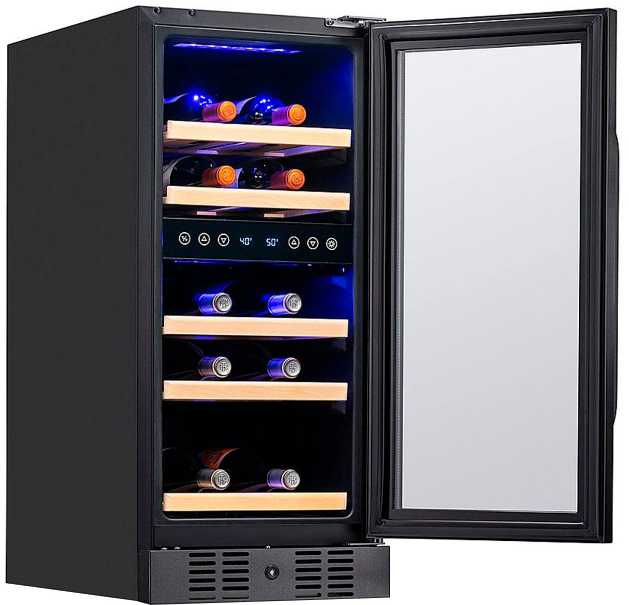 The image features a wine refrigerator with a large mirrored door. Inside the refrigerator, there are multiple wine bottles stored in a wine rack. The bottles are arranged in a neat and organized manner, with some bottles placed horizontally and others vertically. The refrigerator is designed to keep the wine at the optimal temperature, ensuring that the wine remains in the best possible condition.