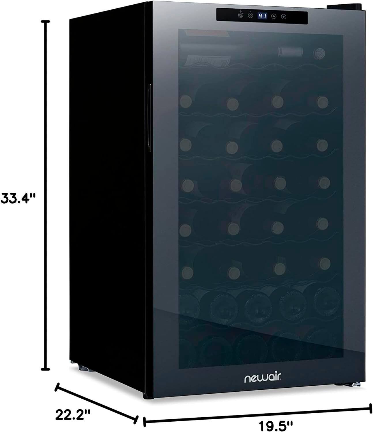 The image features a wine refrigerator with a large glass door, showcasing a variety of wine bottles inside. The refrigerator is 33.4 inches tall, 22.2 inches wide, and 19.5 inches deep.