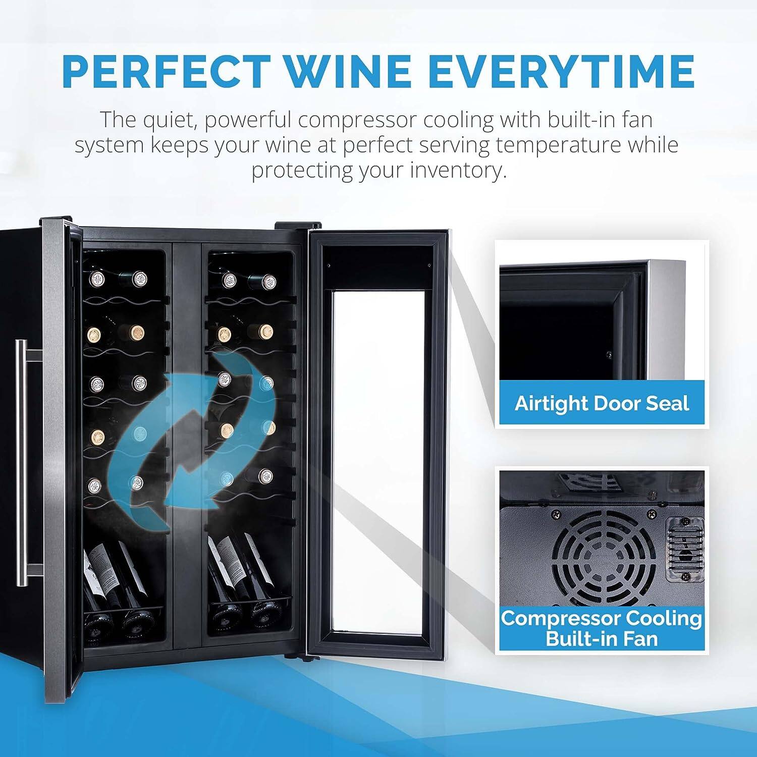 The image features a wine refrigerator with a built-in fan system that keeps your wine at the perfect serving temperature. The quiet, powerful compressor cooling system ensures that your wine is preserved and protected, while the airtight door seal helps maintain the ideal temperature inside the refrigerator. The built-in fan further enhances the cooling system, making it an ideal choice for wine enthusiasts who want to keep their collection in optimal condition.