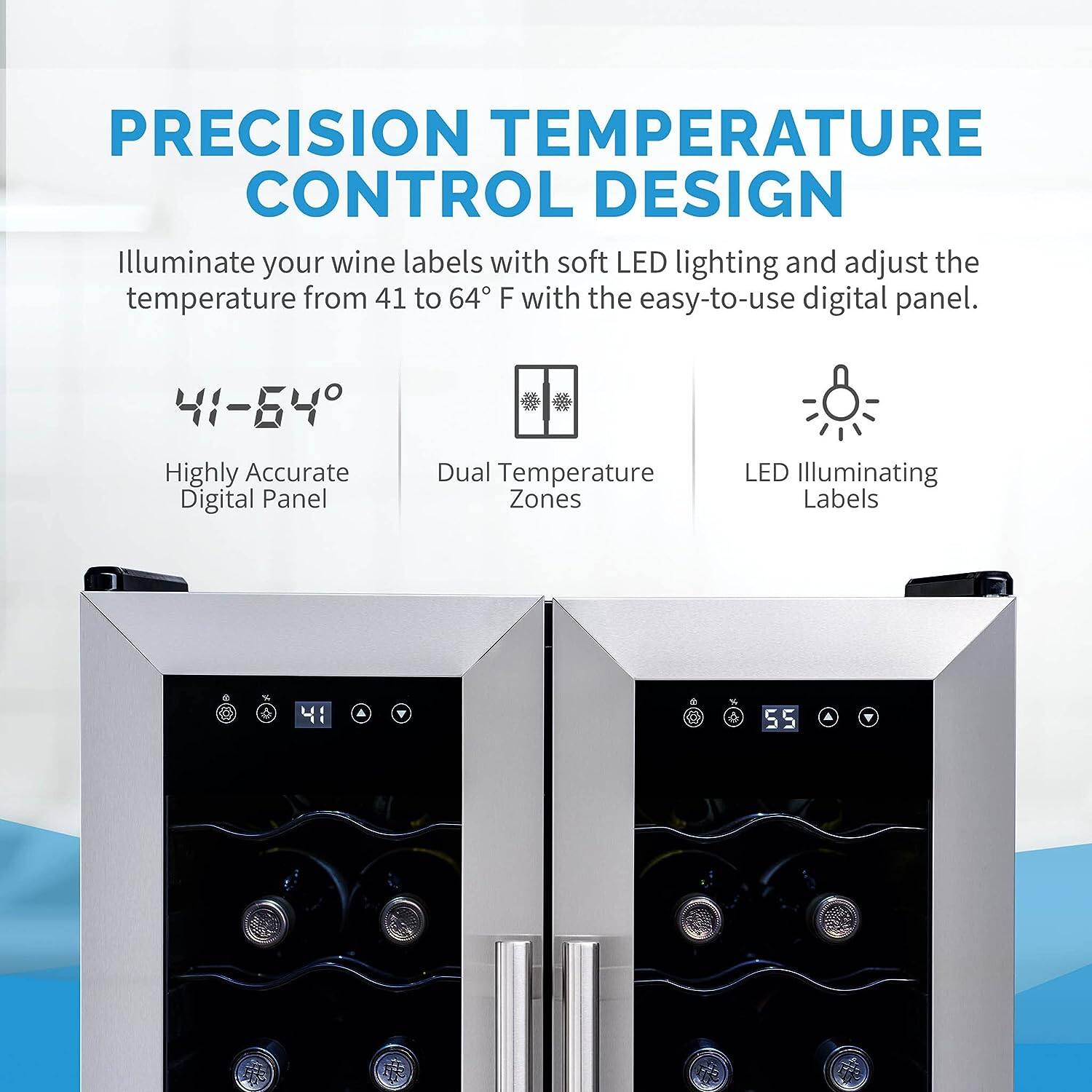The image features a wine refrigerator with a digital panel that allows you to adjust the temperature from 41 to 64 degrees Fahrenheit. The refrigerator has LED lighting that illuminates the wine labels, making it easy to read and select the desired wine. The refrigerator has a dual temperature zone, which means you can store different types of wines at different temperatures. The refrigerator also has a digital panel that displays the temperature and other relevant information.