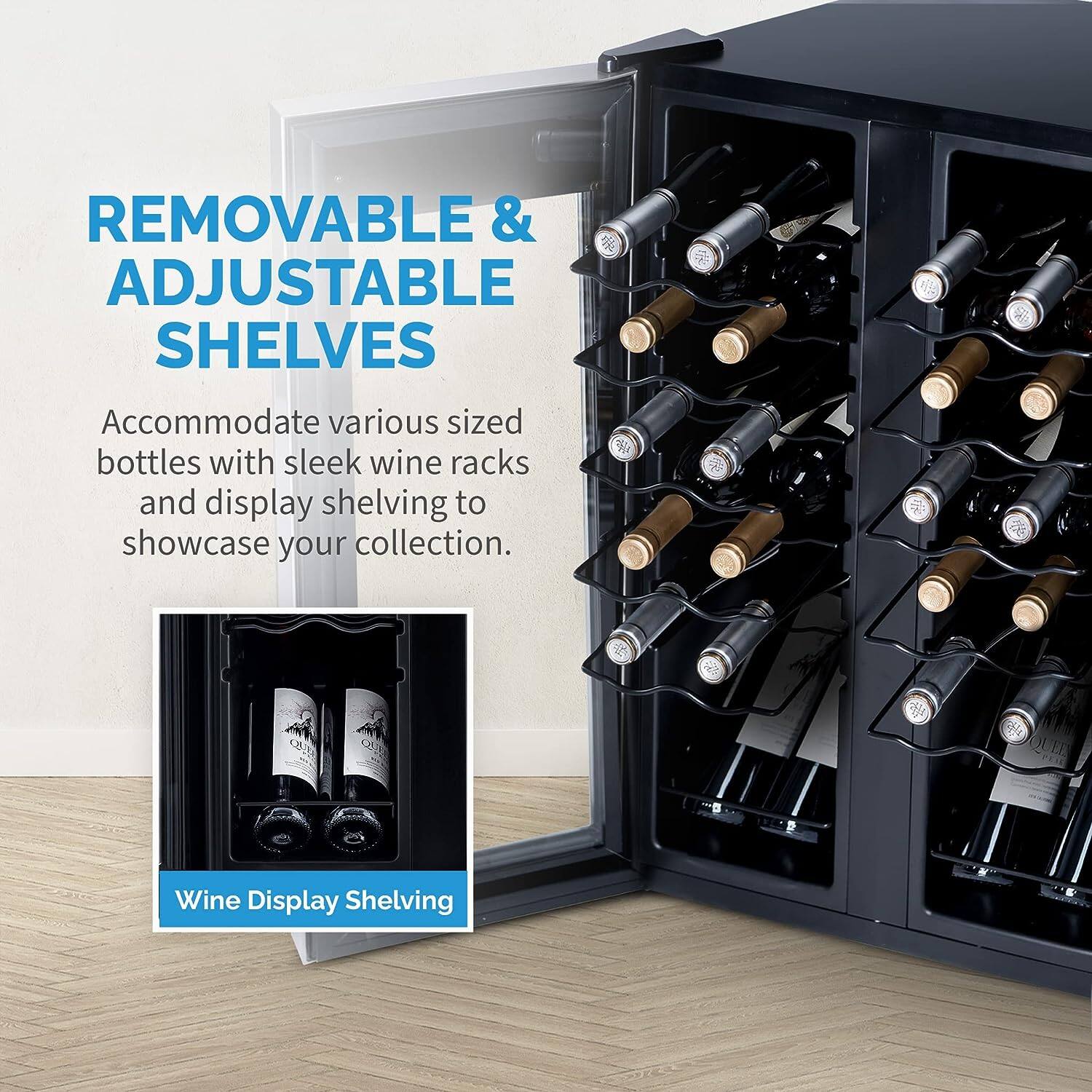The image showcases a wine display shelving unit with a variety of wine bottles stored in it. The unit features removable and adjustable shelves that can accommodate different sized bottles, making it a versatile and functional storage solution for wine enthusiasts. The wine racks and display shelving allow for an organized and visually appealing presentation of the wine collection.