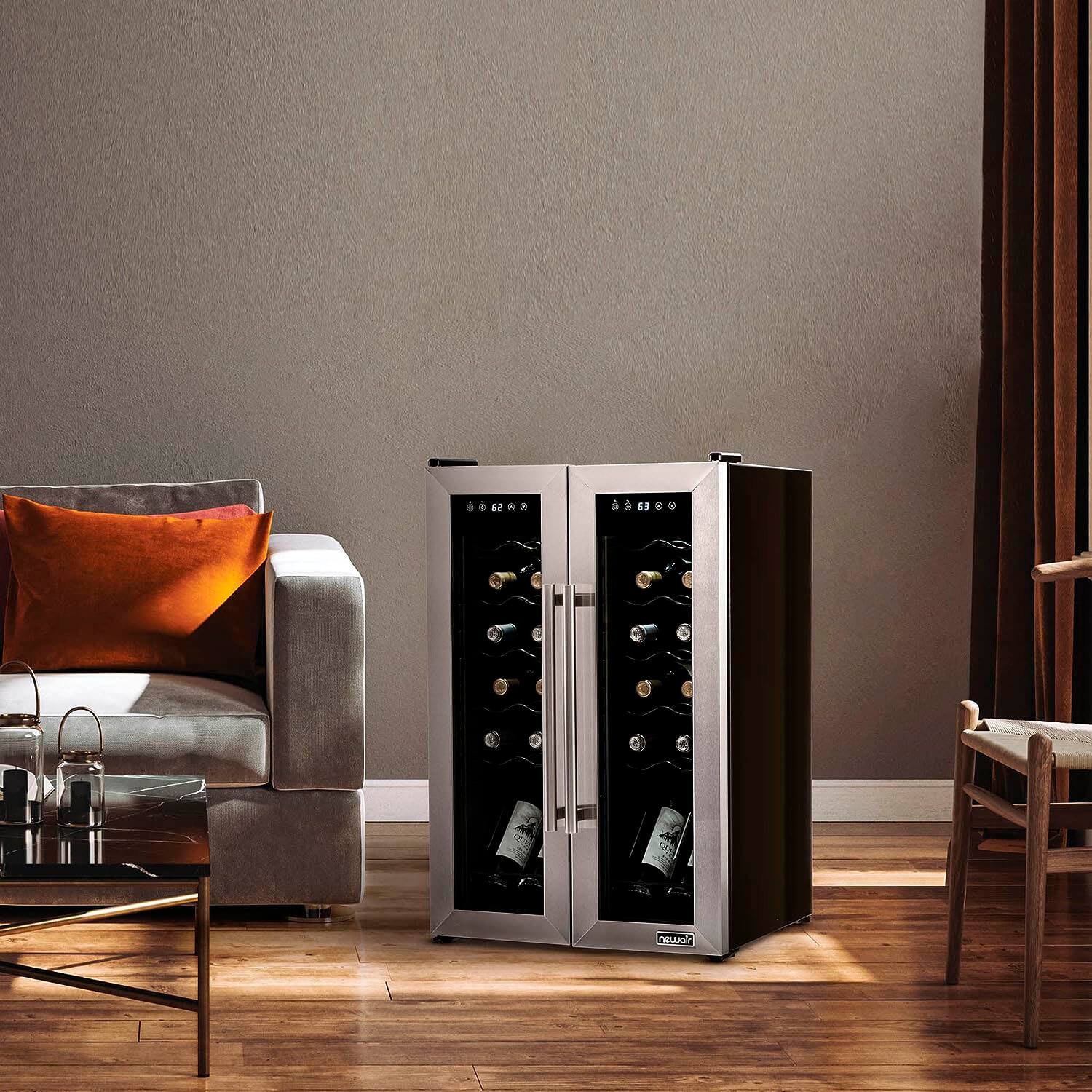 The image features a wine cooler with a large number of wine bottles stored inside. The wine cooler is placed in a living room, surrounded by furniture such as a couch and a chair. The room appears to be well-decorated and organized, with the wine cooler being the focal point of the space.